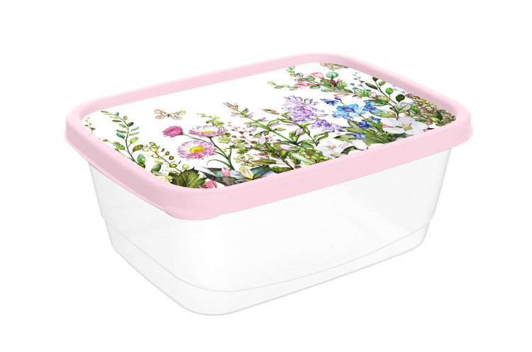 Контейнер для продуктов прямоугольный 0,85л с декором "Цветущий луг" (светло-розовый)